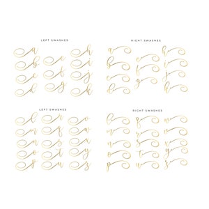 May include: A chart showing different ways to add a flourish to letters of the alphabet. The chart is divided into two sections: left swashes and right swashes. Each section shows the letters of the alphabet with a different flourish on the left or right side of the letter.