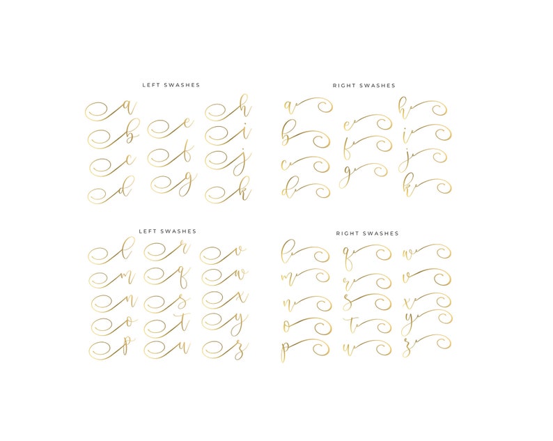 May include: A chart showing different ways to add a flourish to letters of the alphabet. The chart is divided into two sections: left swashes and right swashes. Each section shows the letters of the alphabet with a different flourish on the left or right side of the letter.