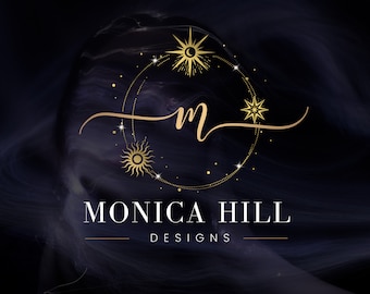 Celestial Monogram Logo Design: Gold Stars & Moon (Canva Template)