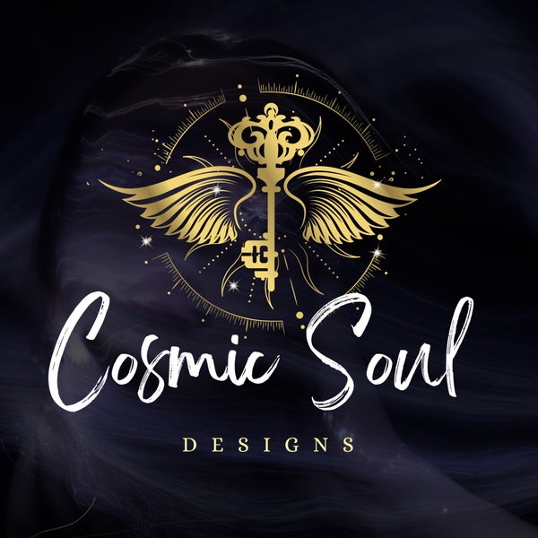 Wings and Key Logo, Gold Spiritual Logo, Angel Logo Design, Canva Brand Template, Healing Logo, Reiki Logo, Cosmic Logo, Celestial Logo,