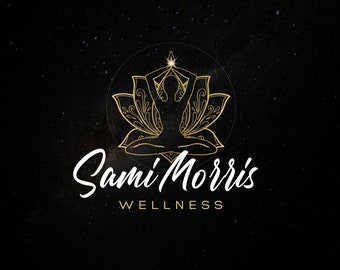 Lotus Pose Logo, Spiritual Branding Template, Gold and Black Healing Logo, Wellness Canva Template