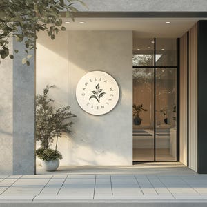 Sleek exterior signage mockup with a sophisticated minimalist logo for holistic businesses.