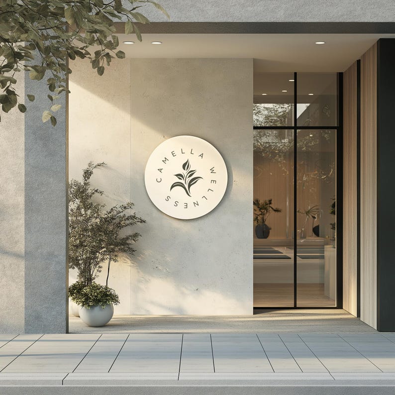 Sleek exterior signage mockup with a sophisticated minimalist logo for holistic businesses.