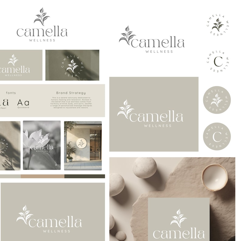 Minimalist wellness branding kit in Canva, featuring a modern logo, colour palette, fonts, and business card design.