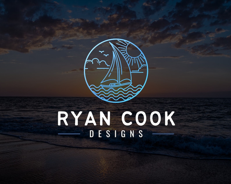 A modern logo and branding design featuring a compass motif with a sailing boat. Round circle frame with ocean waves, clouds, seagulls and a yacht. Perfect for any nautical business, yacht clubs, sailing, summer holidays, vacation and travel.