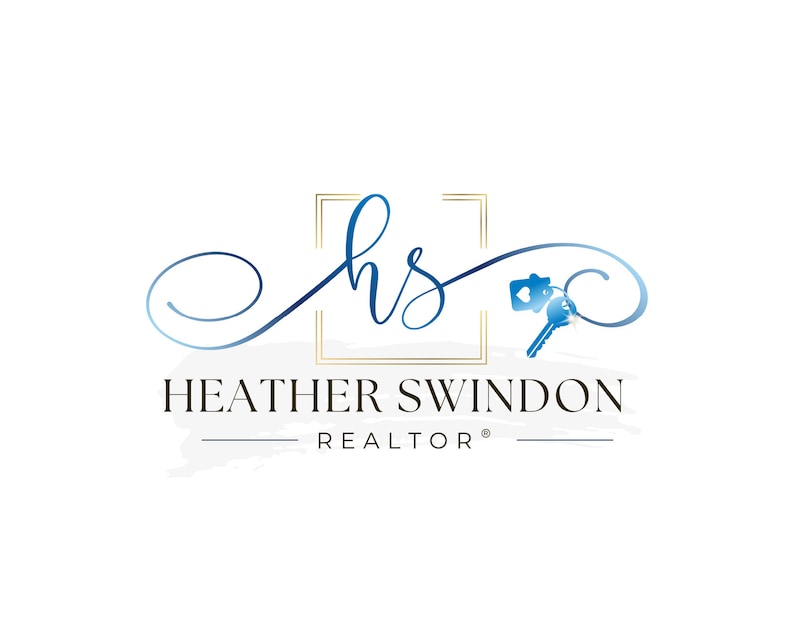 May include: A logo for a real estate agent named Heather Swindon. The logo features a stylized cursive "hs" in a gold frame with a blue key and house charm. The text "Heather Swindon REALTOR&reg;" is below the logo.