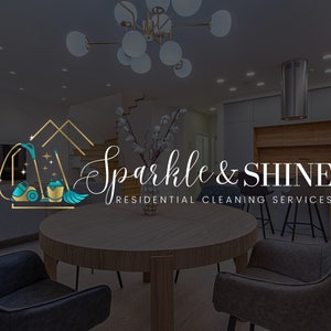 May include: A logo for a residential cleaning service called "Sparkle & Shine". The logo features a gold house with cleaning supplies, including a vacuum cleaner, a bucket, and a broom. The text is in a white cursive font.