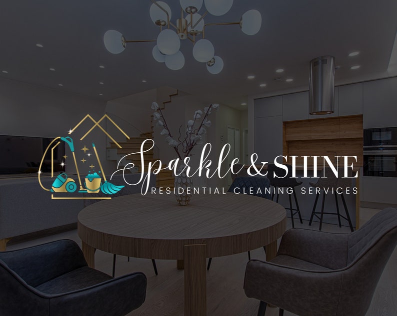 May include: A logo for a residential cleaning service called "Sparkle & Shine". The logo features a gold house with cleaning supplies, including a vacuum cleaner, a bucket, and a broom. The text is in a white cursive font.
