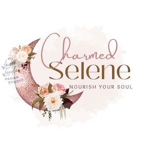 Rose Gold Moon Logo Design, Brand Template Canva, Crescent Logo, Spiritual Branding, Moon Flower Design Template, Boho Brand Kit, Pink