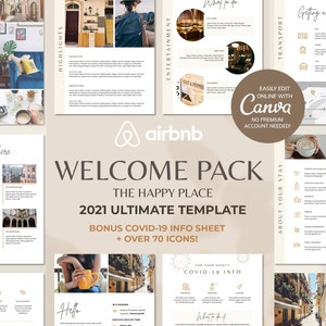 Puede incluir: Una plantilla de paquete de bienvenida para anfitriones de Airbnb, con un fondo beige y un diseño dorado y blanco. La plantilla incluye secciones para "Qué ver aquí", "Aspectos destacados", "Entretenimiento", "Qué hacer", "Transporte", "Cómo moverse", "Acerca de su estancia" y "Para su seguridad Información COVID-19". La plantilla se puede editar fácilmente en línea con Canva.
