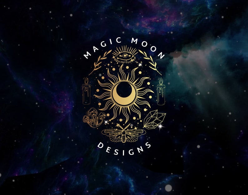 May include: A gold-colored logo with the words "MAGIC MOON DESIGNS" in white. The logo features a sun with a crescent moon, an eye, candles, mushrooms, a butterfly, and a crystal, all set against a dark, starry background.