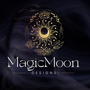 May include: Gold-colored logo with a sun, moon, eye, candles, mushrooms, and a moth on a dark, swirling background. The text "Magic Moon DESIGNS" is displayed in elegant white script.