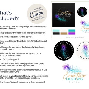 May include: A digital template for a logo design featuring a peacock feather with a purple and blue gradient. The text "Creative Designs Boutique" is written in a gold script font. The template is editable online with Canva.