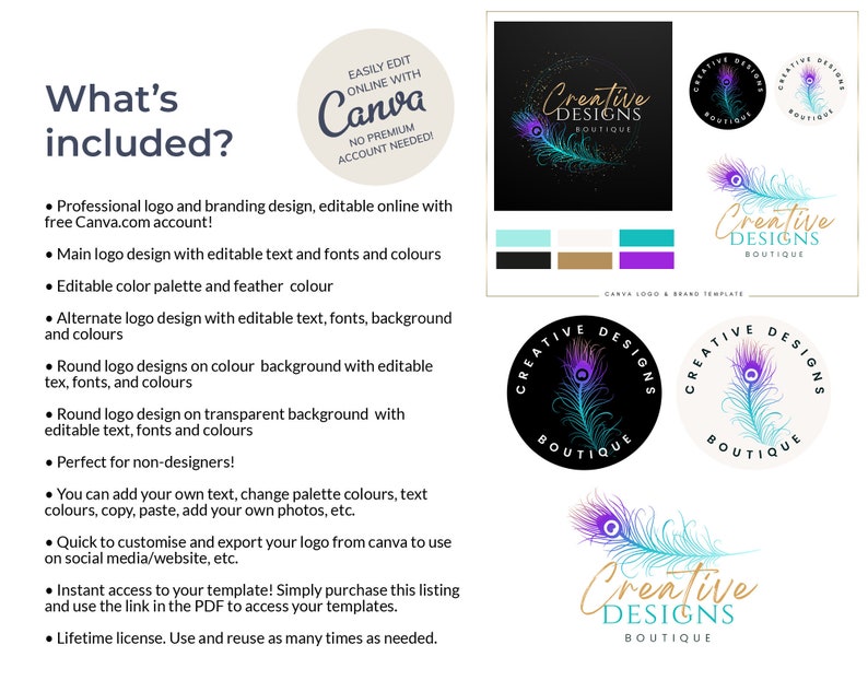 May include: A digital template for a logo design featuring a peacock feather with a purple and blue gradient. The text "Creative Designs Boutique" is written in a gold script font. The template is editable online with Canva.