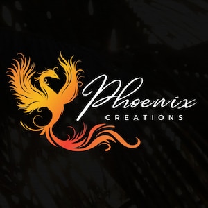 May include: A stylized orange and yellow phoenix bird with intricate details, rising from flames. The text "Phoenix Creations" is written in white cursive script below the bird.
