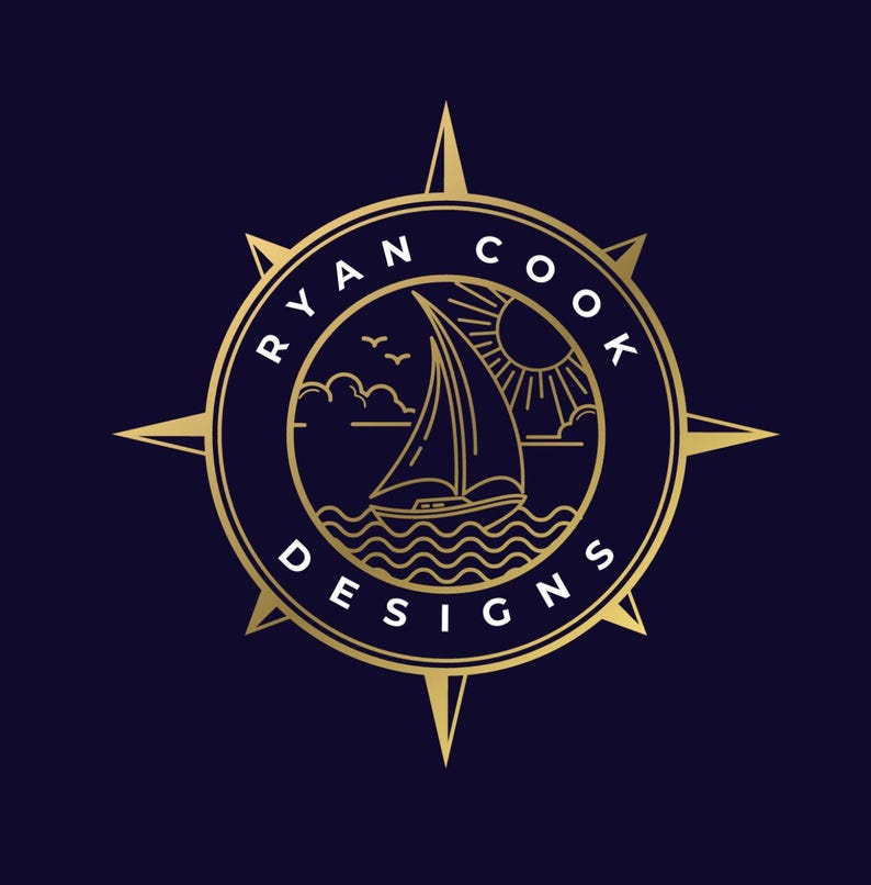 A modern logo and branding design featuring a compass motif with a sailing boat. Round circle frame with ocean waves, clouds, seagulls and a yacht. Perfect for any nautical business, yacht clubs, sailing, summer holidays, vacation and travel.