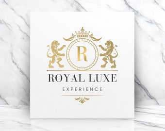 Gold Crown and Lions Logo, Luxury Logo Design, Wedding Logo, Event Planning Logo, Hotel Logo, Royal Logo, Canva Template, Black Branding Kit