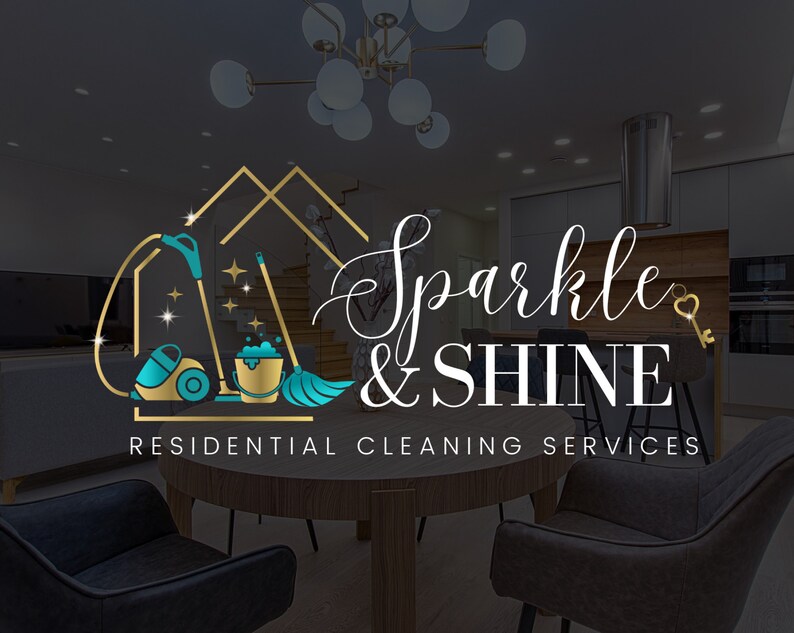 May include: A logo for a residential cleaning service called "Sparkle & Shine". The logo features a gold house with a vacuum cleaner, a bucket, and a mop inside. The text "Sparkle & Shine" is written in a white cursive font with a gold key symbol.