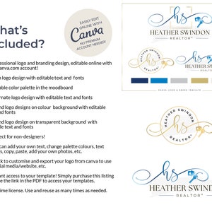 May include: A Canva logo and brand template for a realtor named Heather Swindon. The template includes a logo with the initials "hs" and a key, a color palette, and editable text and fonts. The template is easily editable online with Canva.