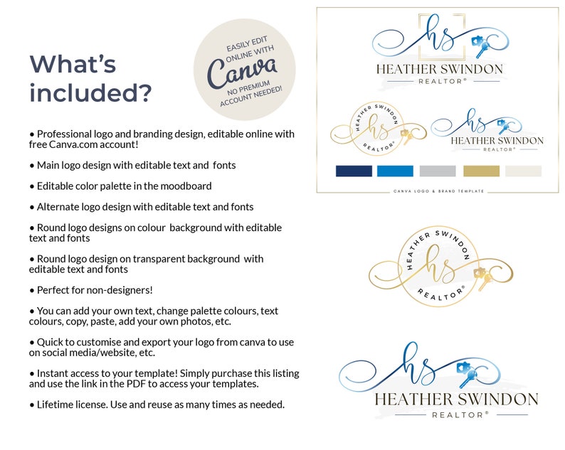 May include: A Canva logo and brand template for a realtor named Heather Swindon. The template includes a logo with the initials "hs" and a key, a color palette, and editable text and fonts. The template is easily editable online with Canva.