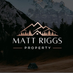 May include: A logo for Matt Riggs Property featuring a mountain range and a house silhouette in a copper color. The text "MATT RIGGS" is above "PROPERTY" in a serif font, with a horizontal line separating the two lines of text. The background is a dark landscape.