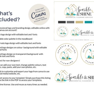 May include: A digital download for a cleaning service logo template. The logo features a house with a vacuum cleaner and the text "Sparkle & Shine" in gold and teal colors. The template is editable online with Canva.