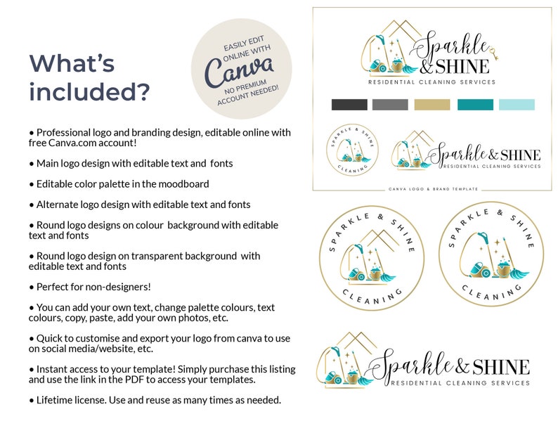May include: A digital download for a cleaning service logo template. The logo features a house with a vacuum cleaner and the text "Sparkle & Shine" in gold and teal colors. The template is editable online with Canva.