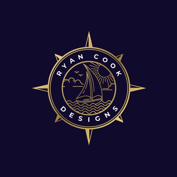 Sailing Boat Logo, Nautical Branding Design, Compass Logo, Yacht Club Logo, Blue Ocean Logo, Marine Label Logo Design, Canva Template, Gold