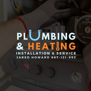 May include: A logo for a plumbing and heating company with the text "Plumbing & Heating" in blue and orange. The text "Installation & Service" is below the logo, and the phone number "JARED HOWARD 887-131-992" is below that. The logo is superimposed on a photo of a person working on a heating system.