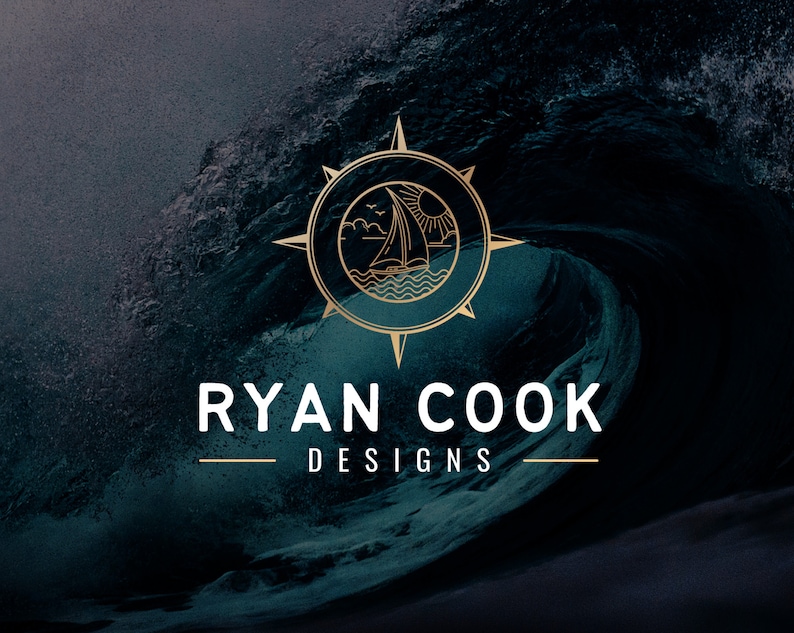 A modern logo and branding design featuring a compass motif with a sailing boat. Round circle frame with ocean waves, clouds, seagulls and a yacht. Perfect for any nautical business, yacht clubs, sailing, summer holidays, vacation and travel.