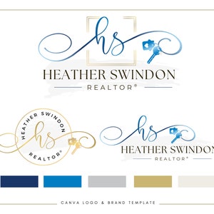 May include: A logo design template for a realtor named Heather Swindon. The logo features a stylized "hs" monogram with a key and house icon. The color scheme includes navy blue, light blue, gray, gold, and white.