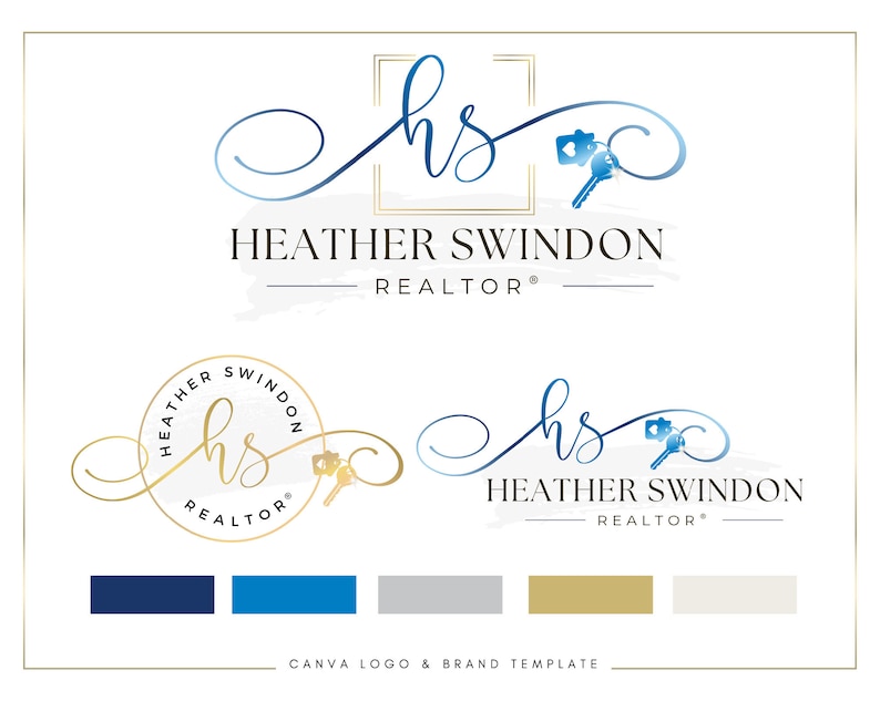 May include: A logo design template for a realtor named Heather Swindon. The logo features a stylized "hs" monogram with a key and house icon. The color scheme includes navy blue, light blue, gray, gold, and white.