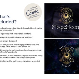 May include: A digital design template with the text "Magic Moon Designs" and a gold celestial logo featuring a sun, moon, and stars. The image includes a list of included features and the Canva logo.
