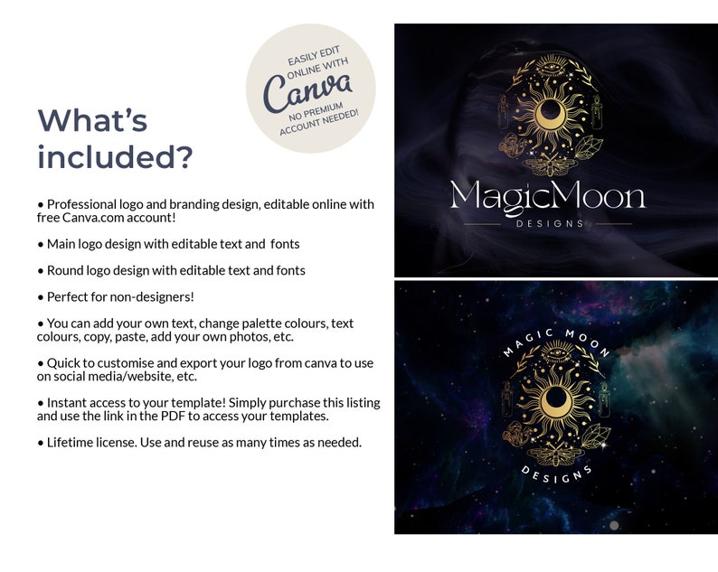 May include: A digital design template with the text "Magic Moon Designs" and a gold celestial logo featuring a sun, moon, and stars. The image includes a list of included features and the Canva logo.