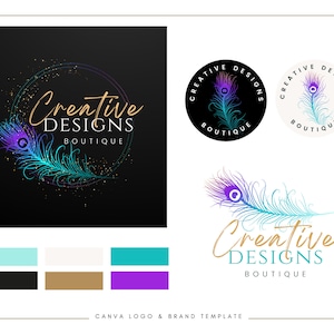 May include: A logo design template featuring a peacock feather with a blue, purple, and green gradient. The text "Creative Designs Boutique" is written in a gold script font. The color palette includes teal, white, black, brown, and purple.