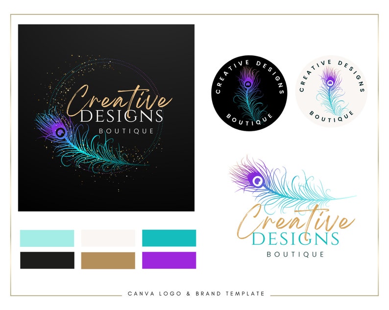 May include: A logo design template featuring a peacock feather with a blue, purple, and green gradient. The text "Creative Designs Boutique" is written in a gold script font. The color palette includes teal, white, black, brown, and purple.