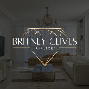 May include: A gold diamond-shaped logo with the text "BRITNEY CLIVES REALTOR®" in white letters against a dark gray background. The logo is in a modern living room with a chandelier, couches, and a coffee table.