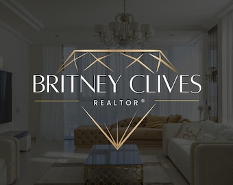 May include: A gold diamond-shaped logo with the text "BRITNEY CLIVES REALTOR®" in white letters against a dark grey background. The logo is in a modern living room with a chandelier, sofas, and a coffee table.