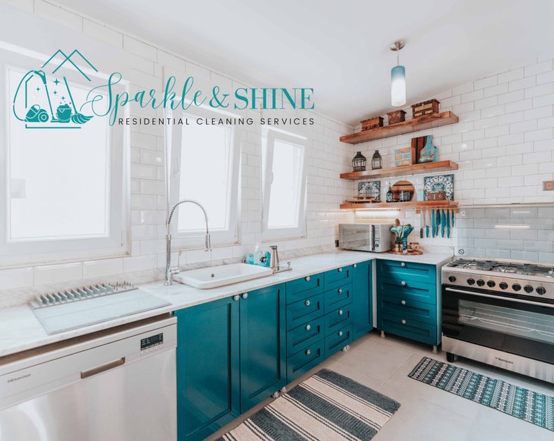 May include: A teal blue kitchen with white subway tile backsplash, stainless steel appliances, and wooden shelves with decorative items. The text "Sparkle & Shine Residential Cleaning Services" is displayed above the shelves.