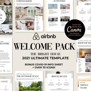 Puede incluir: Una plantilla de paquete de bienvenida para anfitriones de Airbnb, con un fondo marrón claro y el texto "Welcome Pack" en fuente marrón oscuro. La plantilla incluye una variedad de secciones, como "The Bright House", "Welcome", "Activities", "Amenities", "Rooftop Room", "The Outdoor Space", "House Rules", "Before You Leave", y "Quick Guide Things To Do". La plantilla también incluye una hoja de información adicional sobre COVID-19 y más de 70 iconos.
