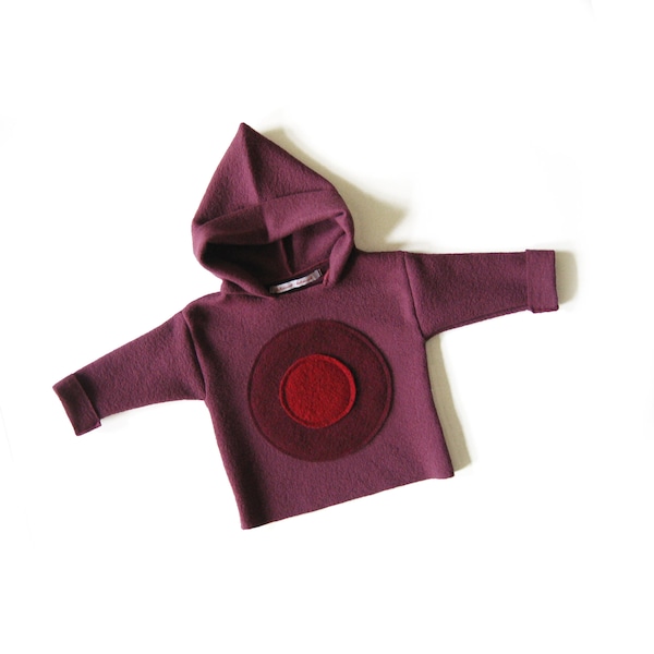 SUMO violet baby wool sweater, hoodie made of Walkloden, children's sweater with pointed hood and circular appliqué, wool sweater