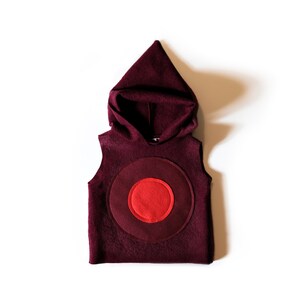 SUMI wine-red woolen jumper with pointed hood for children, hooded jumper, woolen jumper with circle motif