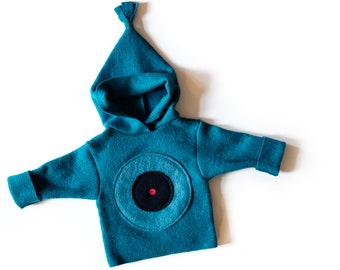 MILO turquoise wool sweater for children, boiled wool sweater for children with pointed hood, hooded sweater made of Walkloden with circles