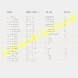 May include: A chart showing clothing sizes for babies and children. The chart lists age ranges in months and years, corresponding body sizes in centimetres, and US and German clothing sizes.