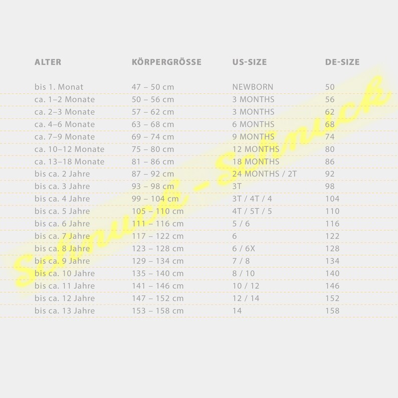 May include: A chart showing clothing sizes for babies and children. The chart lists age ranges in months and years, corresponding body sizes in centimetres, and US and German clothing sizes.