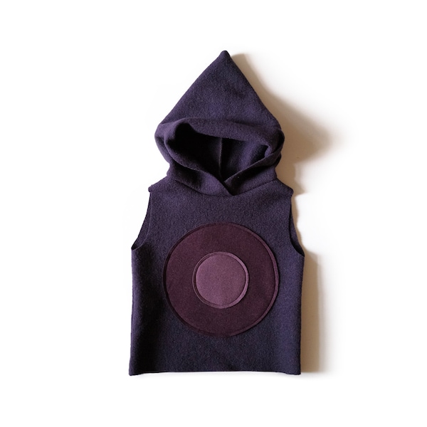 SUMI violet wool roll sweater with pointed hood, hooded hood with circular application