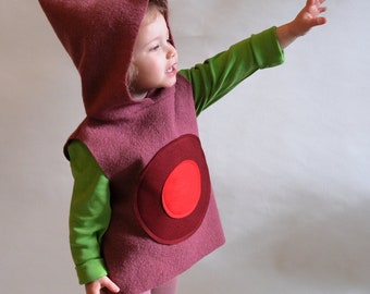 SUMI pink boiled wool sweater vest for girls with pointed hood, hooded sweater vest with circles in red and burgundy