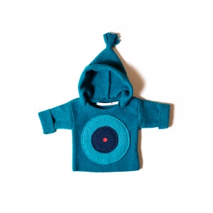 May include: A teal blue hooded sweater with a large blue and red eye design on the front.