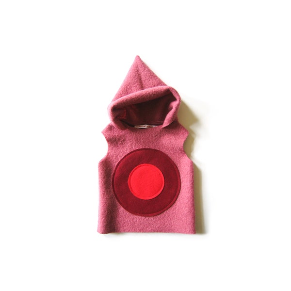 SUMI fulled sweater for babies, pink wool sweater with pointed hood for girls, hoodie, fulled vest with motif