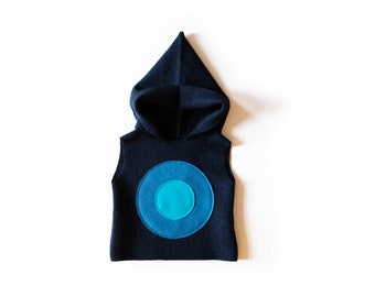SUMI baby woolen sweater vest dark blue with pointed hood, circle appliqué, woolen pullover vest with circle motif made of woolen wool, woolen pullover